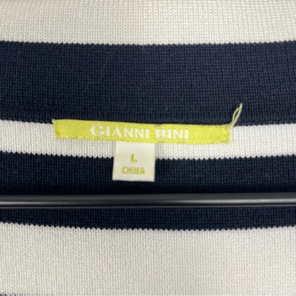 GIANNI BINI Women's Blazer Jacket Striped Dark Navy Blue White L Silk Blend Knit
